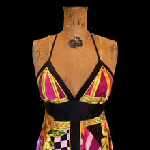 Load image into Gallery viewer, Maxi Dress Asymmetrical Silk Made in Paris V Neck Pink Magenta Yellow Floral and Geometric S/M