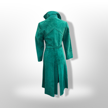 Load image into Gallery viewer, Emerald Green Suede 70’s Coat Rounded Collar Studio 54 Trench Spy Coat