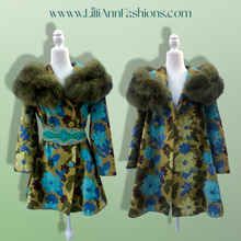 Load image into Gallery viewer, 60’s 70’s Tapestry Carpet Coat Blue Turquoise Green Beaded Belt Fur Fox Norwegian Collar