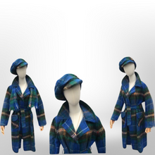 Load image into Gallery viewer, Made in Scotland Scottish Pure Mohair and Wool Plaid Coat Hat Scarf Three Piece Set Blue Yellow Wrap Style