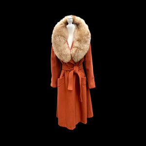 70’s Vintage Wrap Coat in Fall Autumnal Orange Fit and Flare Princess Wool and Shearling