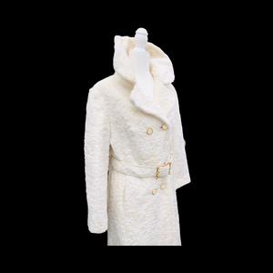 Vintage Robert Meshekoff Faux Persian Lamb Astrakhan White Belted Full Length Double Breasted Coat