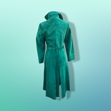 Load image into Gallery viewer, Emerald Green Suede 70’s Coat Rounded Collar Studio 54 Trench Spy Coat