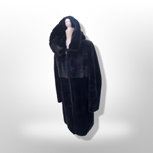 Load image into Gallery viewer, Jet Black Hooded Mink and Shearling Luxury Coat with Rhinestone Button