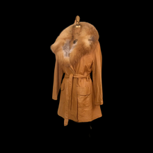 Load image into Gallery viewer, 70s Vintage Women&#39;s Coat Caramel Leather Huge Red Ombre Fox Fur Fit Flare Studio 54 Small to Large