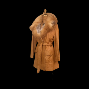 70s Vintage Women's Coat Caramel Leather Huge Red Ombre Fox Fur Fit Flare Studio 54 Small to Large