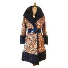 Load image into Gallery viewer, Women's Vintage Coat- Tapestry Orange Needlepoint Carpet Curly Lamb Orange Black Princess Penny Lane Almost Famous 60s 70s Small