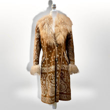 Load image into Gallery viewer, Boho Penny Lane Caramel Suede Sheepskin Curly Mongolian Lamb Intricate Embroidery Embroidered Coat Custom Made in France
