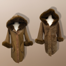 Load image into Gallery viewer, New Tan Shearling Lamb and Leather Fox Fur Hooded Coat Reversible Minimalistic