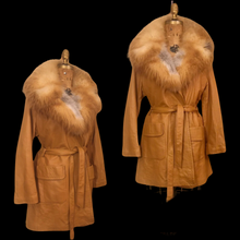 Load image into Gallery viewer, 70s Vintage Women&#39;s Coat Caramel Leather Huge Red Ombre Fox Fur Fit Flare Studio 54 Small to Large