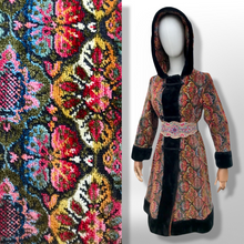 Load image into Gallery viewer, Vintage Hooded Tapestry Carpet Needlepoint Multi Color Rich Coat with Faux Fur Trim and Beaded Belt Boho Princess Boho Chic