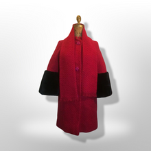 Load image into Gallery viewer, 60&#39;s Vintage Red Wool Coat A-Line With Sheared Beaver Fur Bell Sleeve Cuffs and Removable Scarf