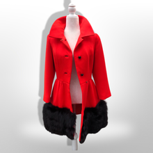 Load image into Gallery viewer, Women's Vintage Lilli Ann Coat- Lipstick Red Orange Bright 60's Mod Wool Thick Tiered Black Fox Fur Trim Fit Flare Princess Small Pinup