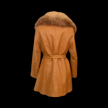 Load image into Gallery viewer, 70s Vintage Women&#39;s Coat Caramel Leather Huge Red Ombre Fox Fur Fit Flare Studio 54 Small to Large