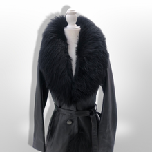 Load image into Gallery viewer, Vintage 60’s 70’s LIlli Ann Made in UK Black Leather Shearling Princess Boho Fit and Flare Coat Pinup