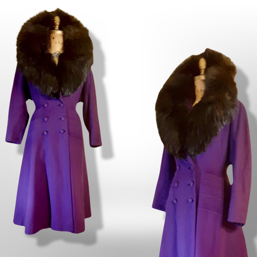 Vintage Women's New Look 40s Purple Violet Princess Pinup Pinup Coat Full Skirted Massive Fox Fur Film Noir Golden Age Old Hollywood Glamour