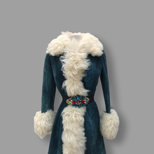 Load image into Gallery viewer, 70’s Vintage Blue Suede and Shearling Women’s Coat Jeweled Belt Boho Penny Lane Burning Man Coachella Hippy Russian Princess