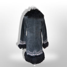 Load image into Gallery viewer, Vintage Black Suede Embroidered Mongolian Lamb Shearling Coat 38” Bust Penny Lane Boho