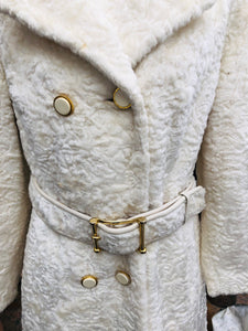 Vintage Robert Meshekoff Faux Persian Lamb Astrakhan White Belted Full Length Double Breasted Coat