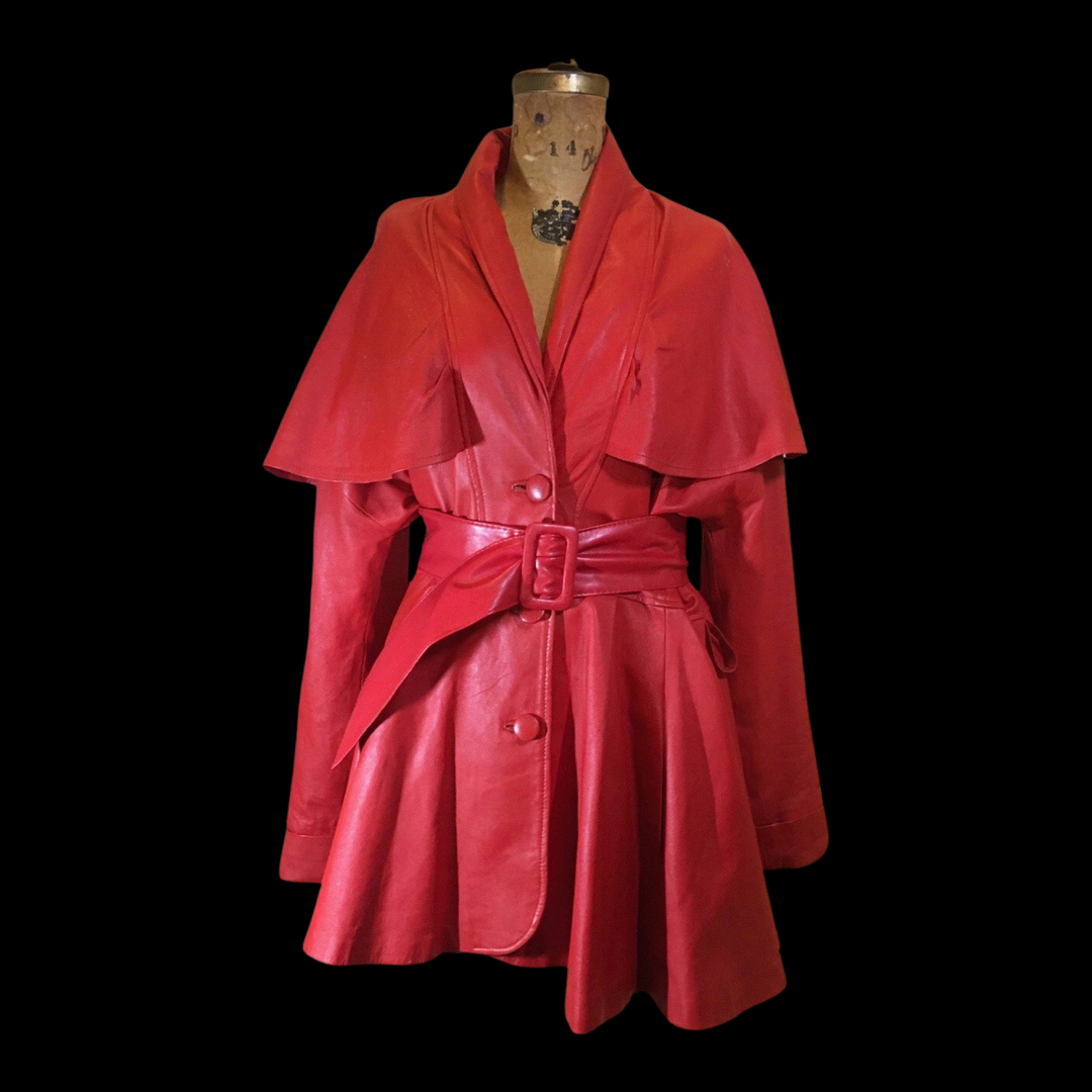 Vintage Women's Coat--70s 80s Red Leather Studio 54 Belted Pinup Cape Coat Full Jacket Flare Skirt Fit Flare Princess Medium-Large-Xl Vintage Women's Coat--70s 80s Red Leather Studio 54 Belted Pinup Cape Coat Full Jacket Flare Skirt Fit Flare Princess Medium-Large-Xl