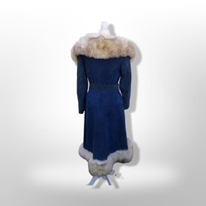 1970’s Vintage Blue Suede and Fox Fur Belted Bohemian Boho Chic Princess Hippy Burning Man Coachella Festival Fall Winter Coat