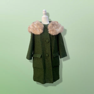 60’s Green Vintage Coat Wear Two Ways Removable Fox Fur Swing Coat Boucle Wool