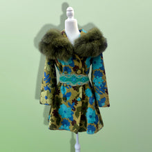Load image into Gallery viewer, 60’s 70’s Tapestry Carpet Coat Blue Turquoise Green Beaded Belt Fur Fox Norwegian Collar
