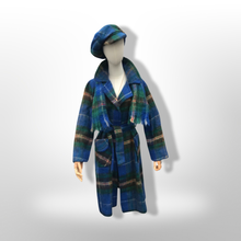 Load image into Gallery viewer, Made in Scotland Scottish Pure Mohair and Wool Plaid Coat Hat Scarf Three Piece Set Blue Yellow Wrap Style