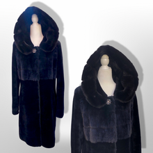 Load image into Gallery viewer, Jet Black Hooded Mink and Shearling Luxury Coat with Rhinestone Button