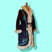 Load image into Gallery viewer, Vintage Coat- 70s Afghan Embroidered Turquoise Blue Sheep Shearling Sheepskin Suede Penny Lane Princess Coat Fit Flare S M Boho Hippy