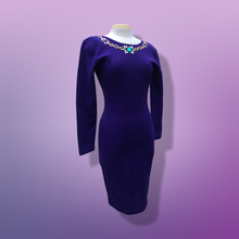 Load image into Gallery viewer, 80’s 90’s Purple Sweater Dress with Jeweled Detail Fitted Hourglass Figure