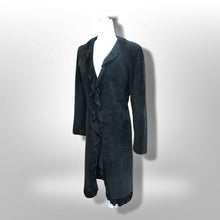 Load image into Gallery viewer, Black Suede Duster with Ruffle Tuxedo Collar Boho