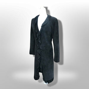 Black Suede Duster with Ruffle Tuxedo Collar Boho