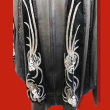 Load image into Gallery viewer, Vintage Glam 80’s Couture Neiman Marcus Leather Dolman Batwing Cocoon Black Leather Suede Hand Beaded Sequined Jacket Studio 54 80’s Iman Style One Size Fits Most