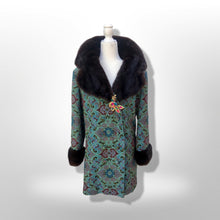 Load image into Gallery viewer, 60’s Vintage Tapestry Coat with Mink Trim Turquoise Pink Wool