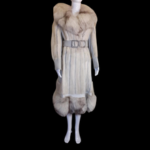 Load image into Gallery viewer, 70s Women&#39;s Vintage Coat and Hat- White Norwegian Silver Fur Lux Leather Mink Trench Hat Spy Belted Princess Coat Boho Chic