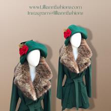Load image into Gallery viewer, Vintage Forest Green 100% Wool Wrap Coat with Genuine Fur Collar