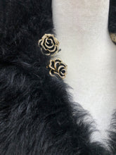 Load image into Gallery viewer, 70’s Tapestry Carpet Floral Black and White Coat with Black Shearling Trim Penny Lane Boho Hippy Chic