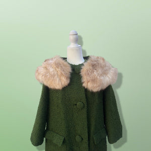 60’s Green Vintage Coat Wear Two Ways Removable Fox Fur Swing Coat Boucle Wool