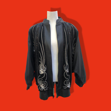 Load image into Gallery viewer, Vintage Glam 80’s Couture Neiman Marcus Leather Dolman Batwing Cocoon Black Leather Suede Hand Beaded Sequined Jacket Studio 54 80’s Iman Style One Size Fits Most