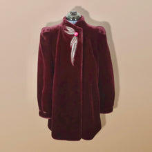 Load image into Gallery viewer, Vintage Red Wine Bergundy 80’s Does 40’s Puff Sleeve Coat Faux Fur with Leather Intarsia Glam Old Hollywood Glamour Vegan