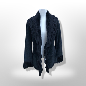 Vintage Black Suede Jacket Blazer Fitted with Tassle Fur Collar