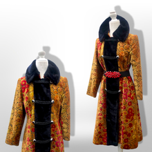 Load image into Gallery viewer, 60s 70s Vintage Gold And Red Floral Carpet Tapestry Coat Velvet Sherpa Boho Chic Burning Man Woodstock Russian Princess Sergeant Pepper's