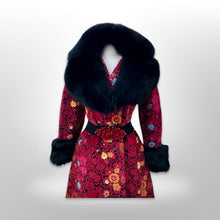 Load image into Gallery viewer, 60’s 70’s Rare Red Carpet Tapestry Coat Needlepoint Floral Exotic Design with Genuine Fox Fur and Goat Shearling Trim Jeweled Belt Small Petite