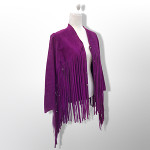 Authentic 70’s Magenta Purple Pink Suede Long Fringe Beaded Jacket Coat Boho Bohemian Hippy Chic