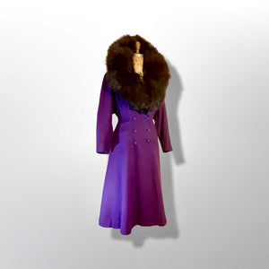 Vintage Women's New Look 40s Purple Violet Princess Pinup Pinup Coat Full Skirted Massive Fox Fur Film Noir Golden Age Old Hollywood Glamour