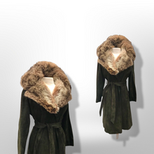 Load image into Gallery viewer, 70’s Forest Green Suede Trench with Fur Trim Collar