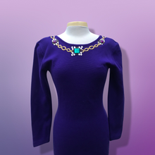 Load image into Gallery viewer, 80’s 90’s Purple Sweater Dress with Jeweled Detail Fitted Hourglass Figure