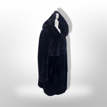 Load image into Gallery viewer, Jet Black Hooded Mink and Shearling Luxury Coat with Rhinestone Button
