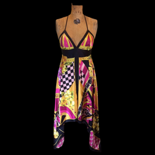 Load image into Gallery viewer, Maxi Dress Asymmetrical Silk Made in Paris V Neck Pink Magenta Yellow Floral and Geometric S/M